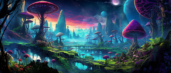 a fantasy landscape with a river and mushrooms