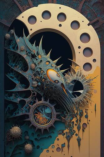 a artwork of a bird with a bird head and circles