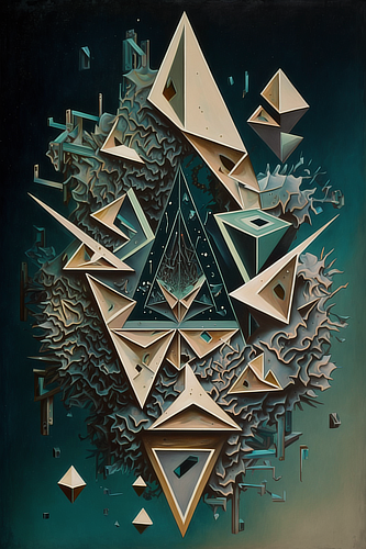 a painting of triangles and shapes
