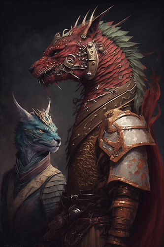 a red dragon and blue cat