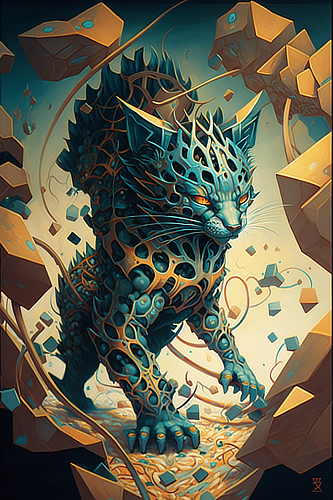 a cat with a blue and yellow design