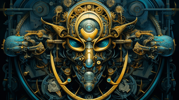 a gold and blue metal mask