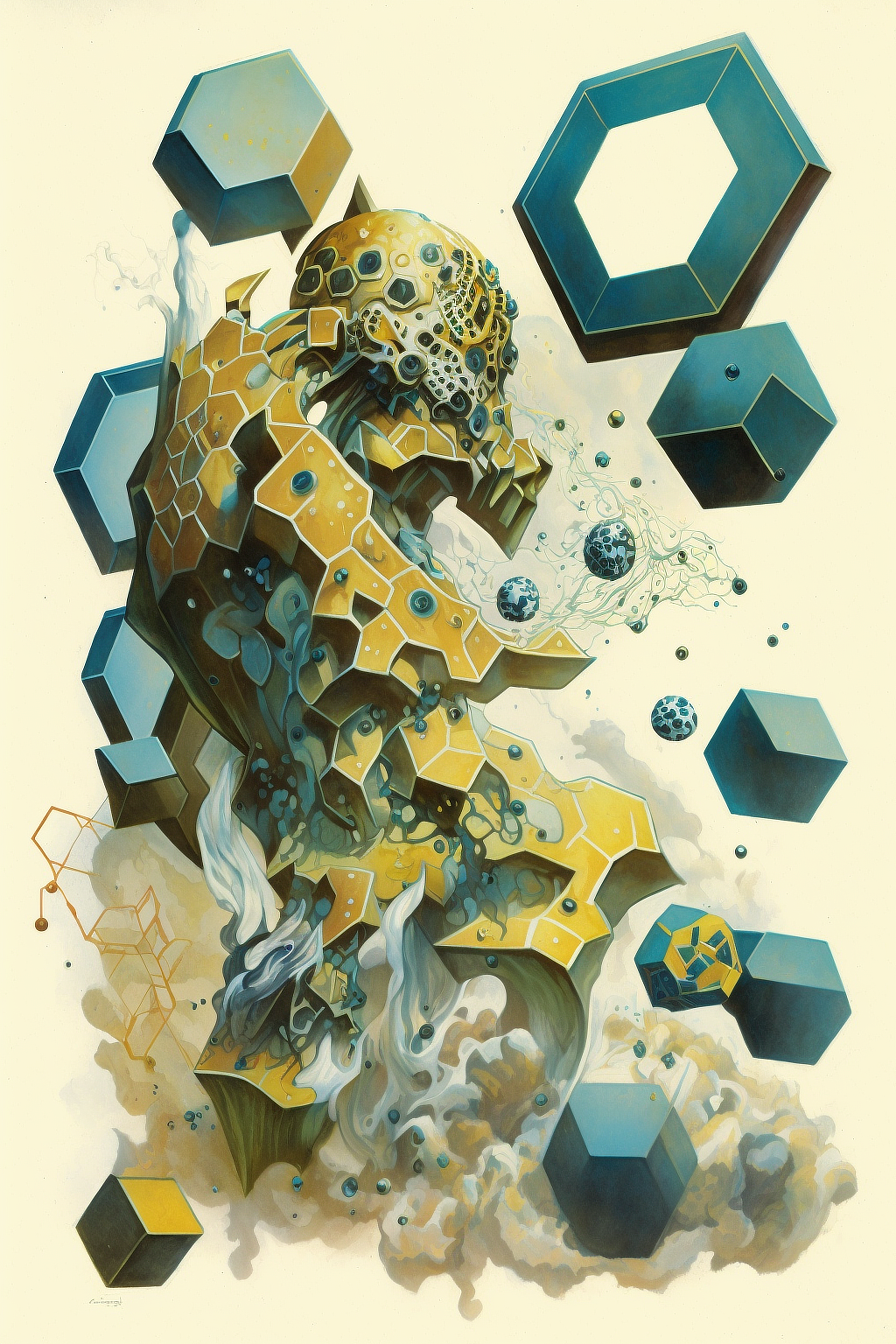 a artwork of a skull with blue cubes and smoke