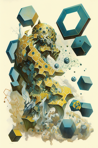 a artwork of a skull with blue cubes and smoke