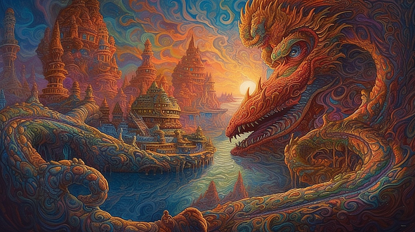 a colorful art of a dragon and a city