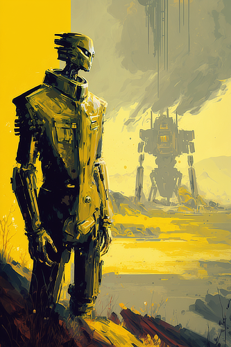 a robot standing in front of a large robot