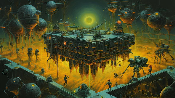 a large square structure with many round objects floating in the air