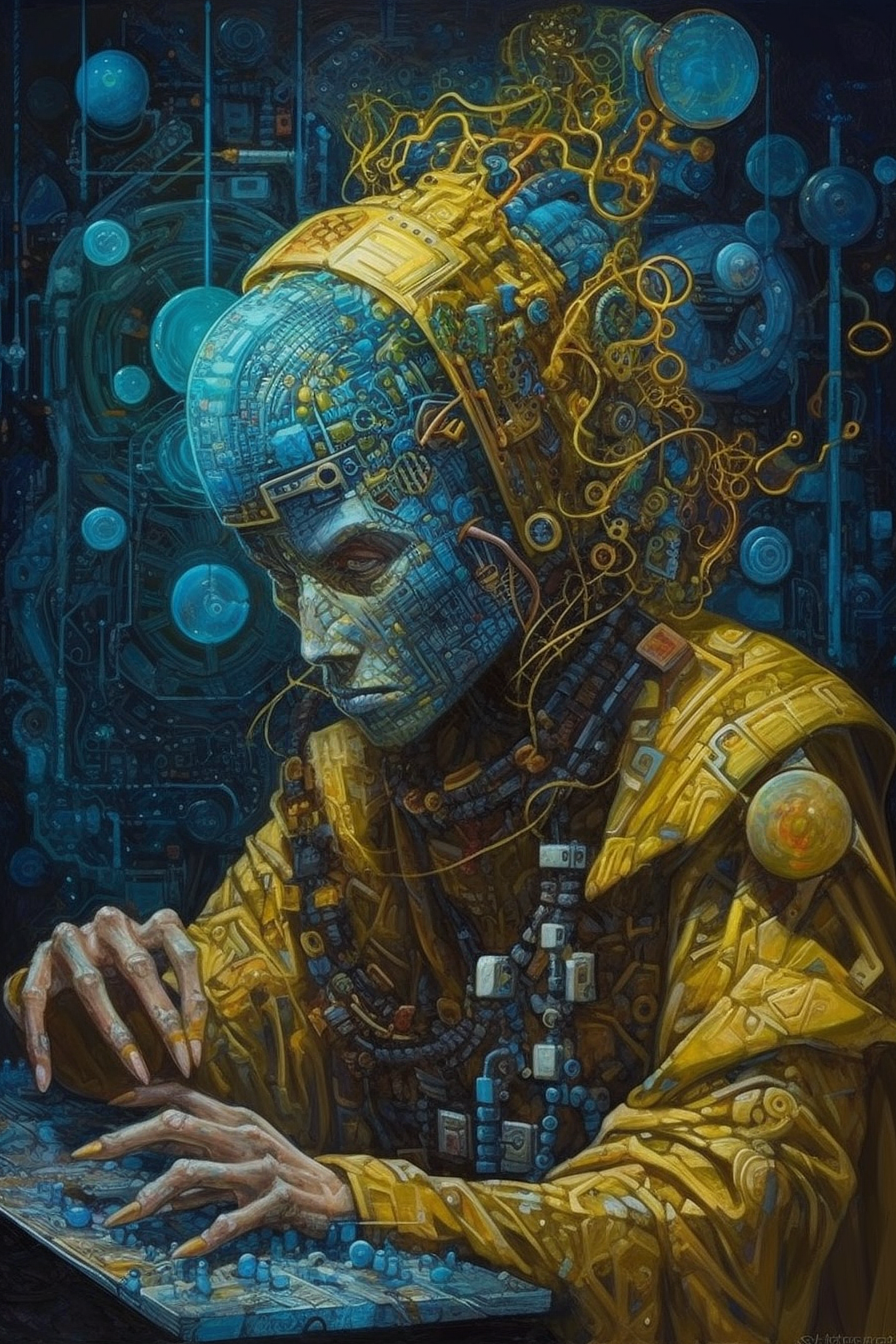 a person with a blue and yellow garment