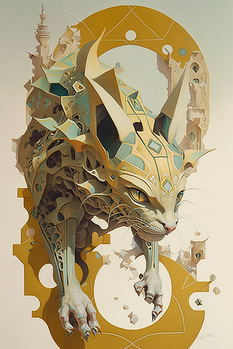 a cat with a carved design