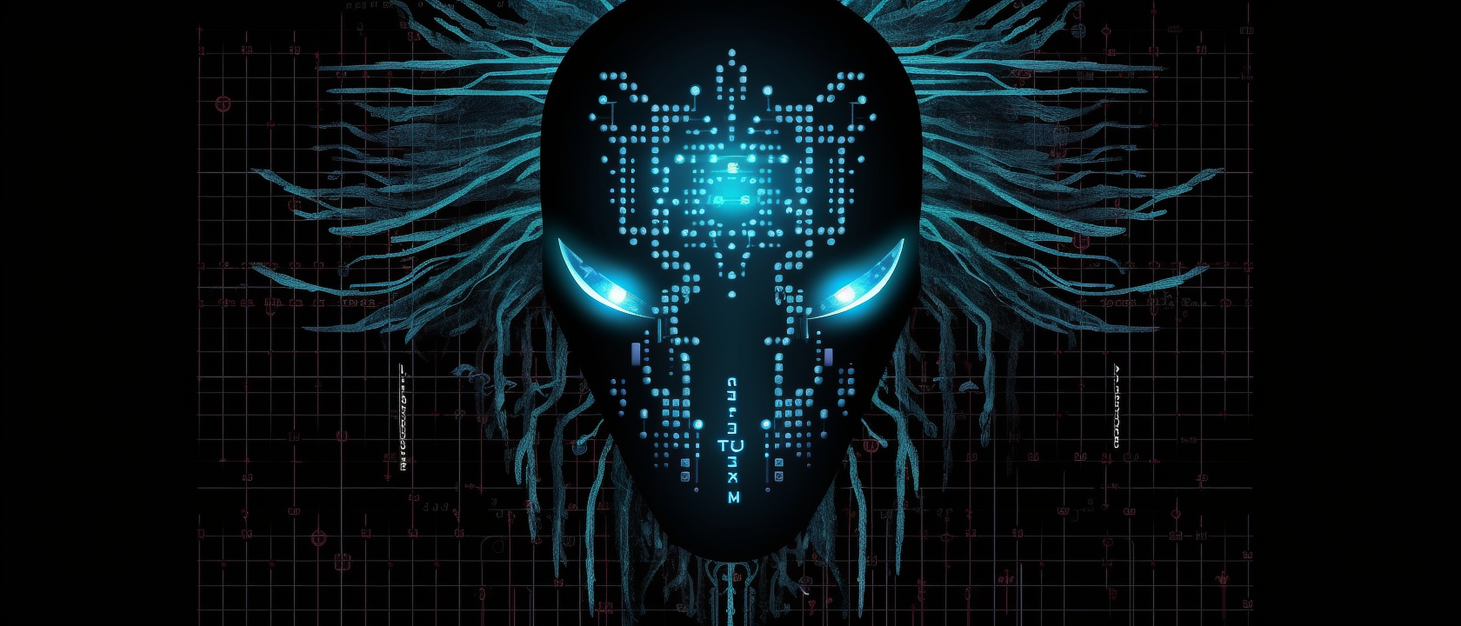 a black mask with blue eyes and a grid