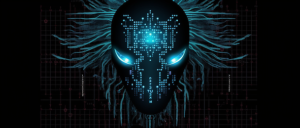 a black mask with blue eyes and a grid