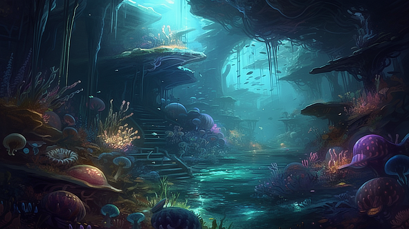 a underwater cave with plants and fish