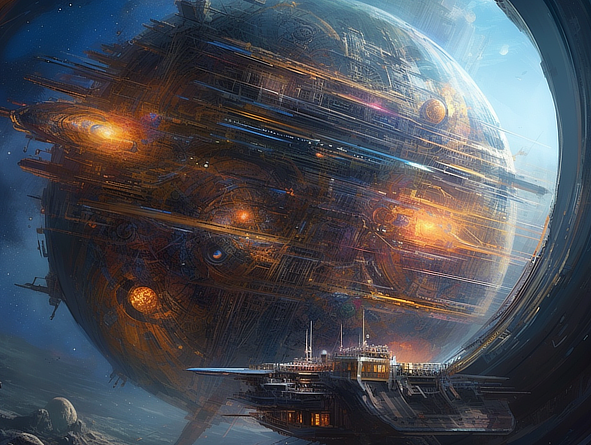 a large round object with lights and a ship in the background