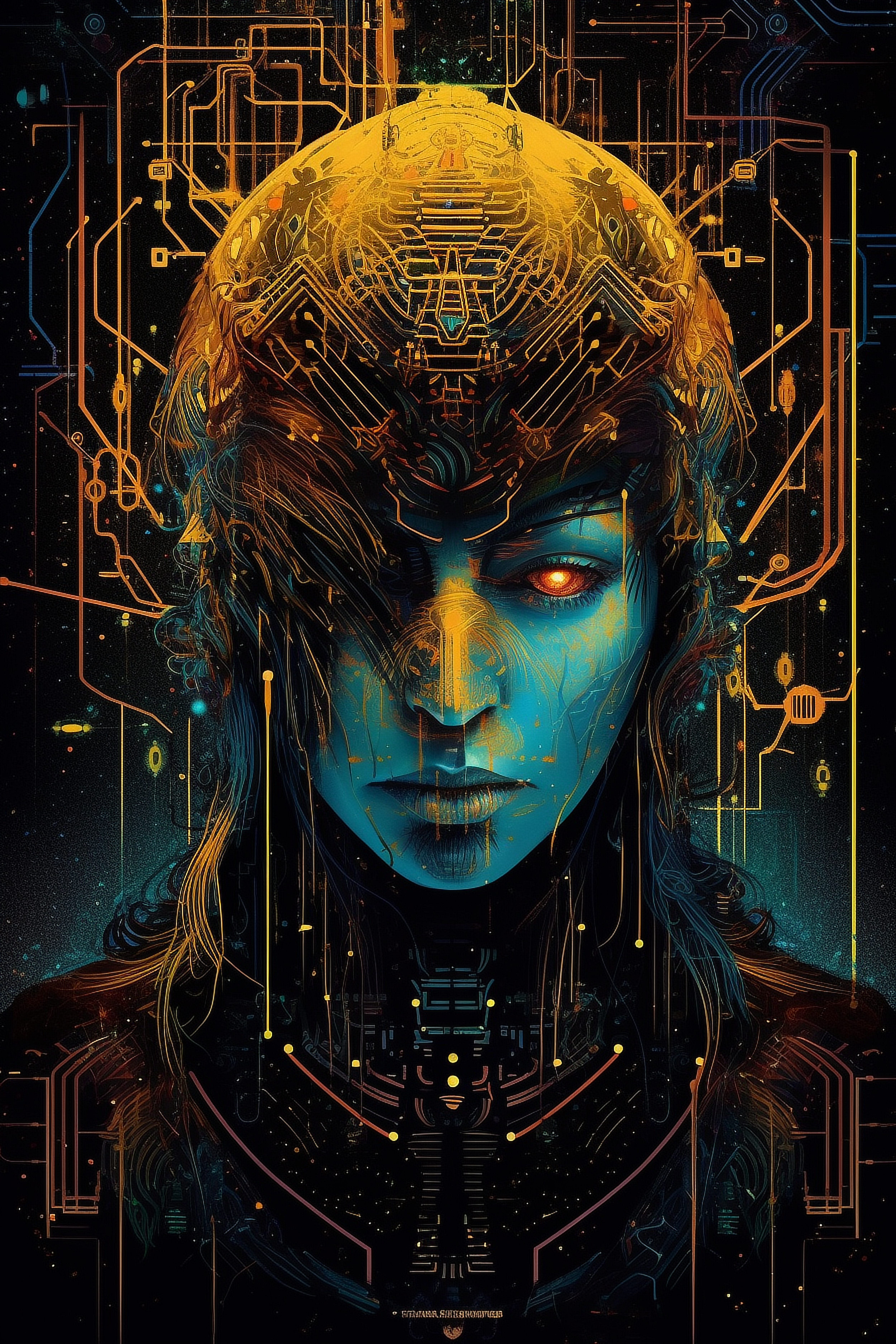 a woman with a blue face and red eyes