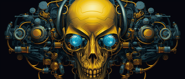 a skull with blue eyes and metal parts