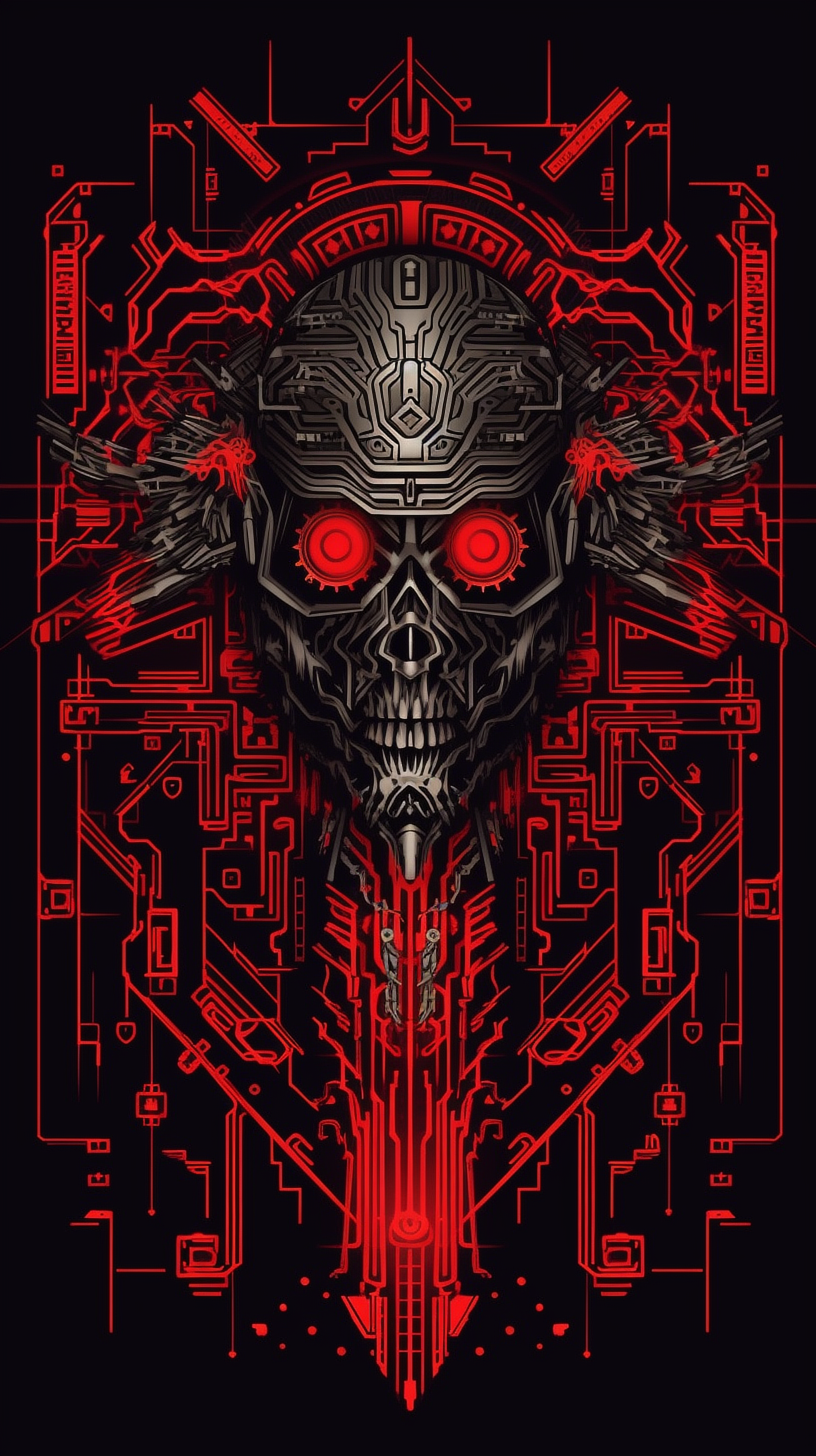 a digital art of a skull with red eyes