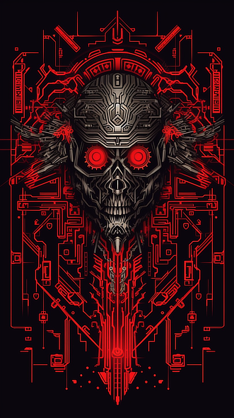 a digital art of a skull with red eyes