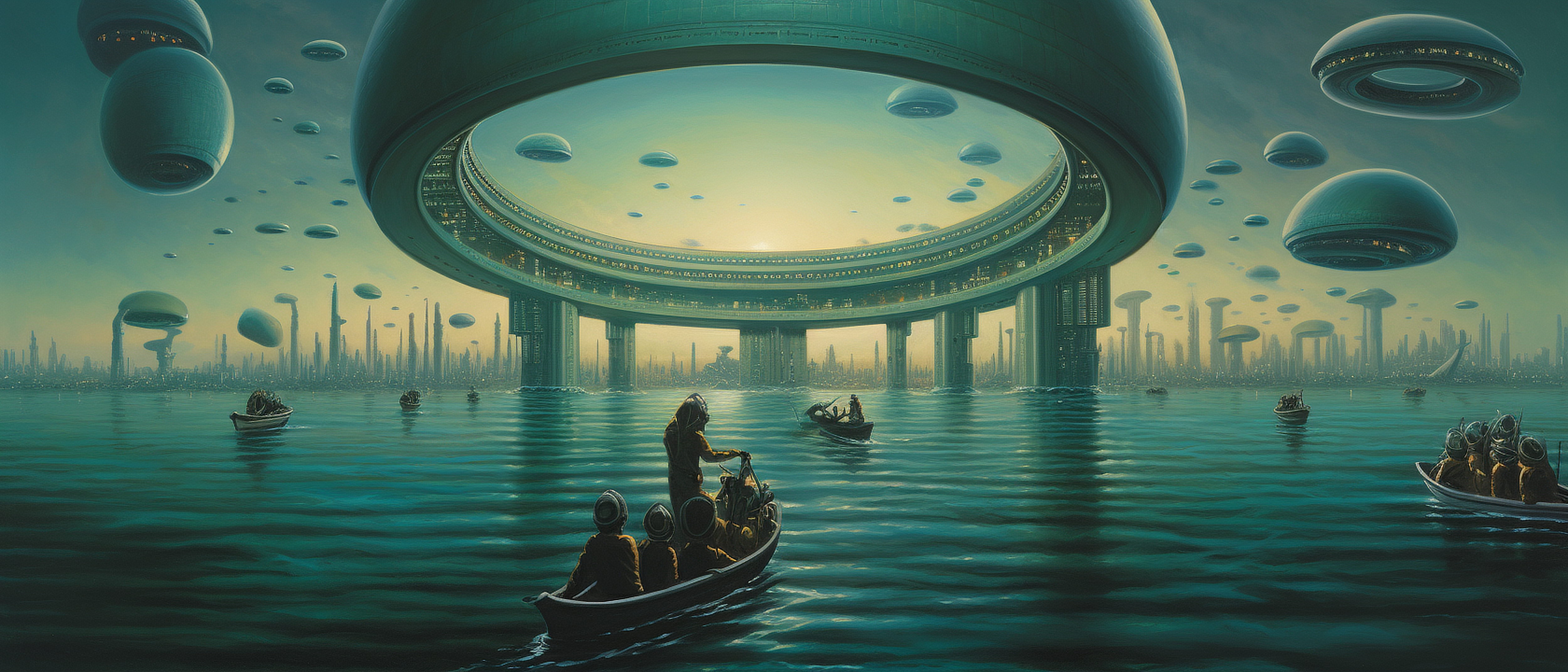 a group of people in a boat in water with a large round structure