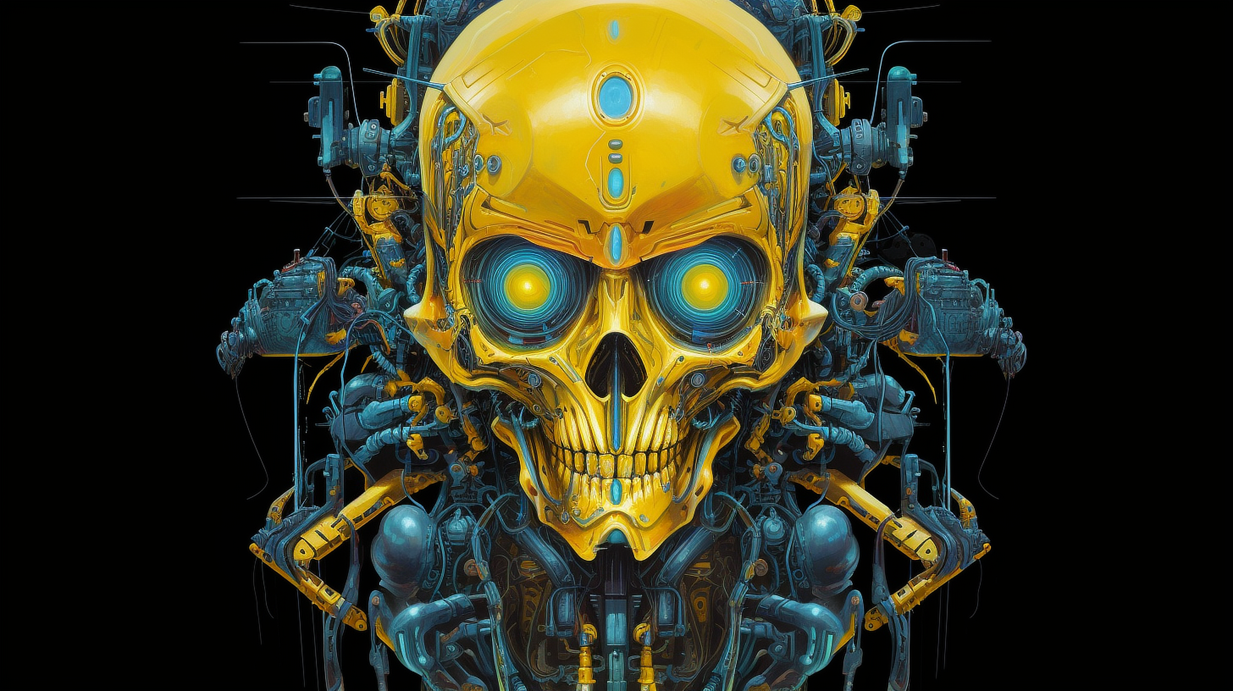 a yellow skull with blue eyes and wires