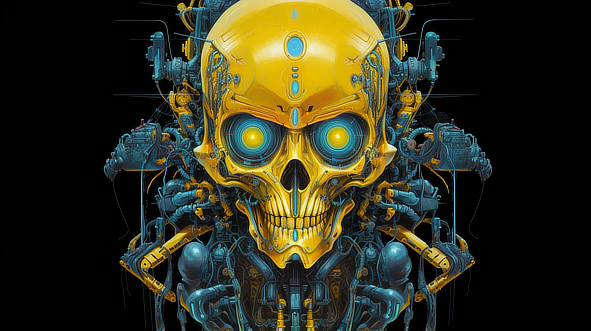 a yellow skull with blue eyes and wires