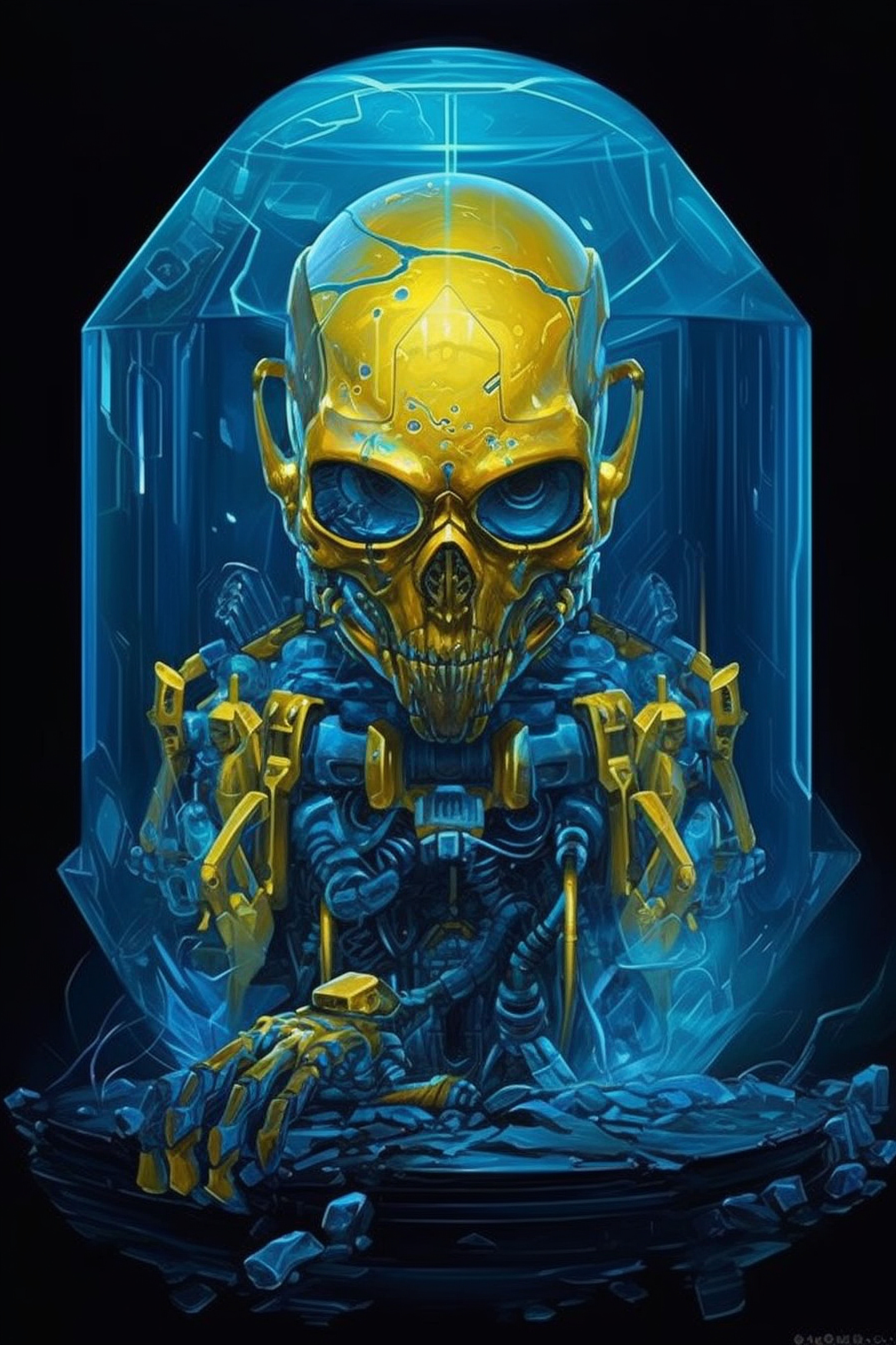 a robot with a skull in a transparent box
