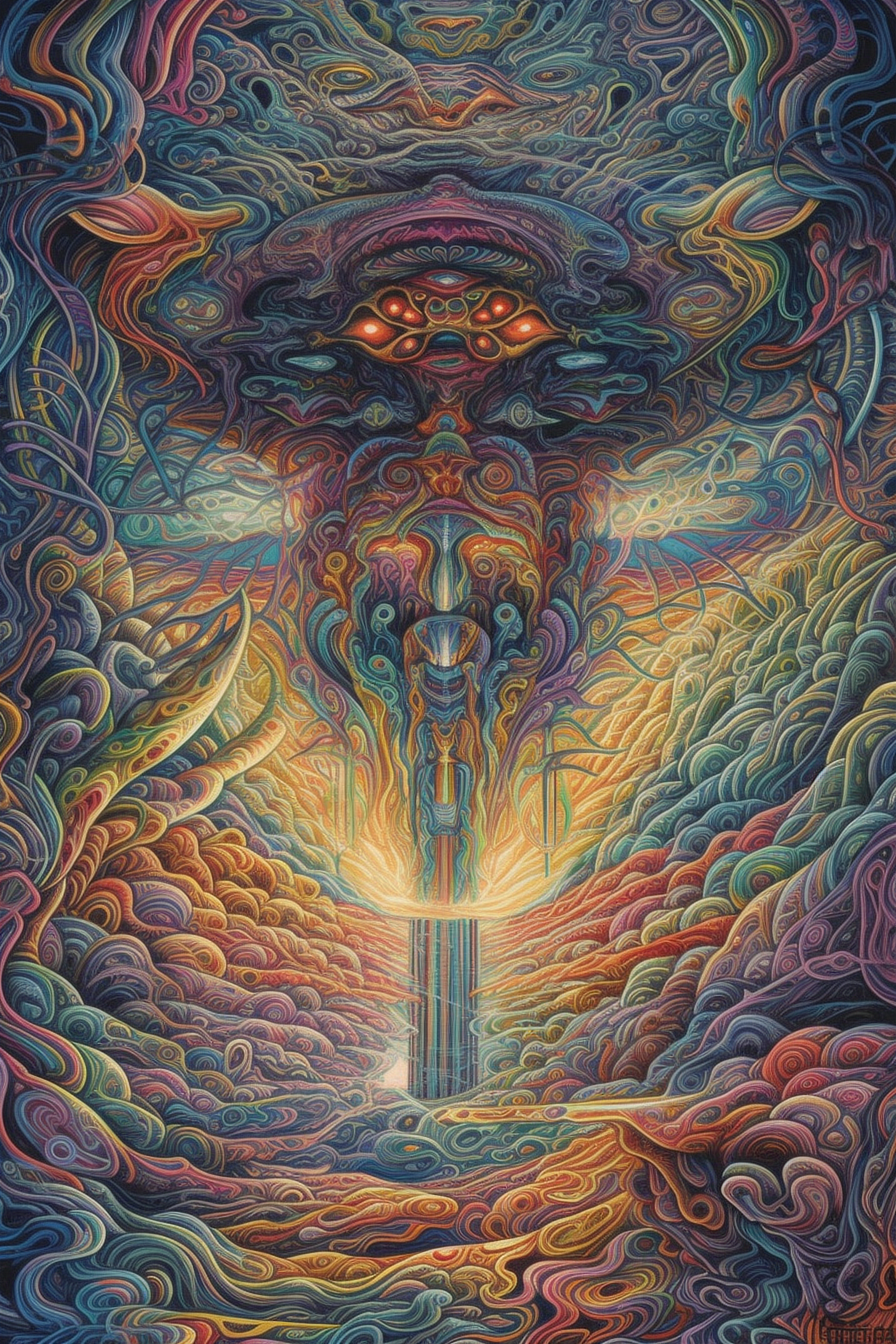 a colorful artwork with a face and a fountain