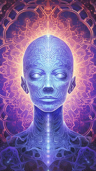 a blue and purple art of a person with a glowing face