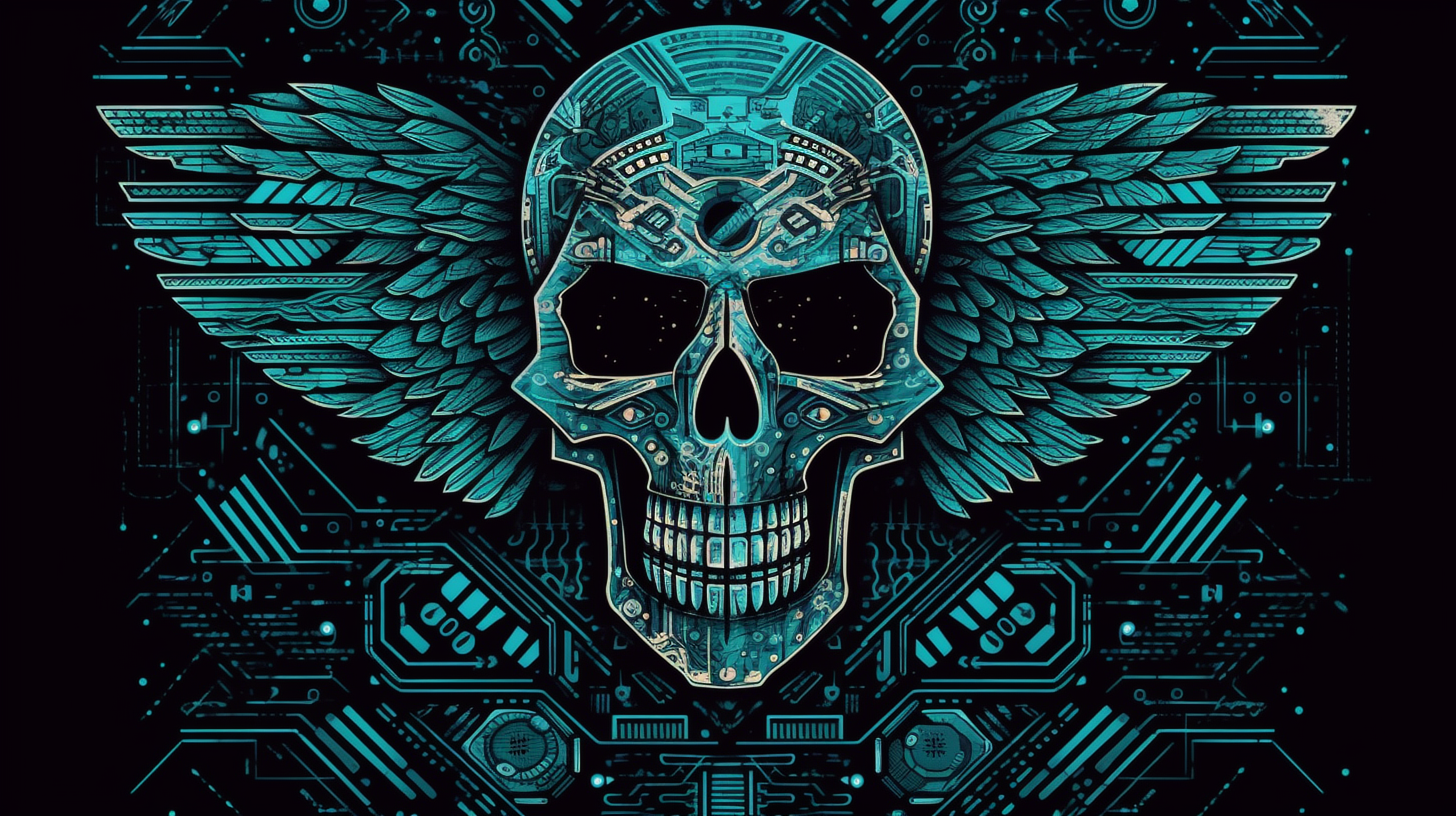 a skull with wings and circuit board