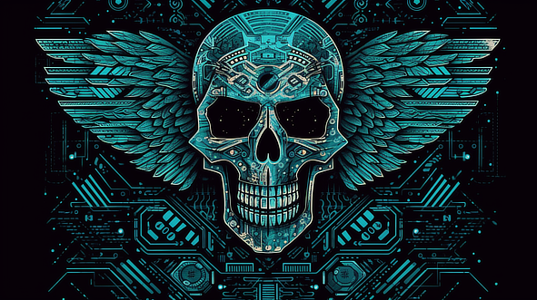 a skull with wings and circuit board