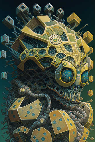 a yellow and green robot with blue eyes