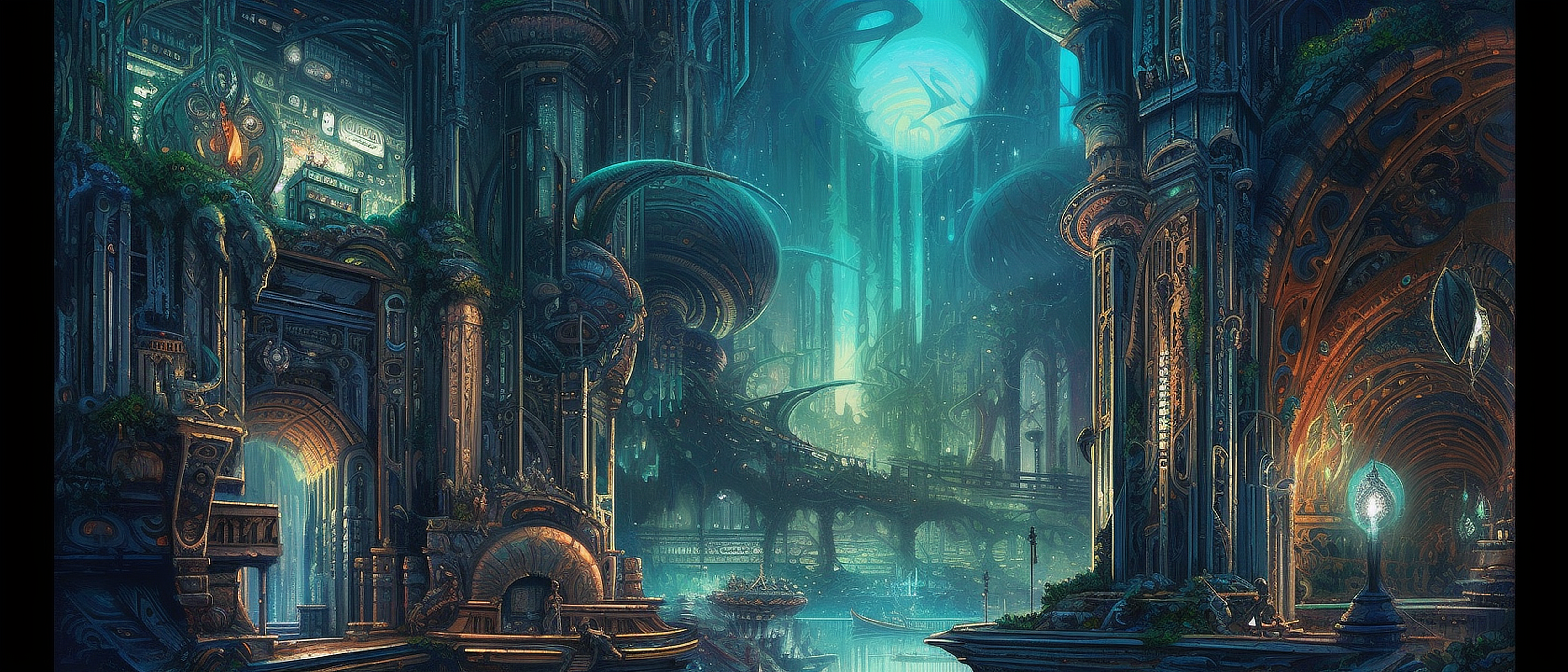 a fantasy city with many buildings and a river