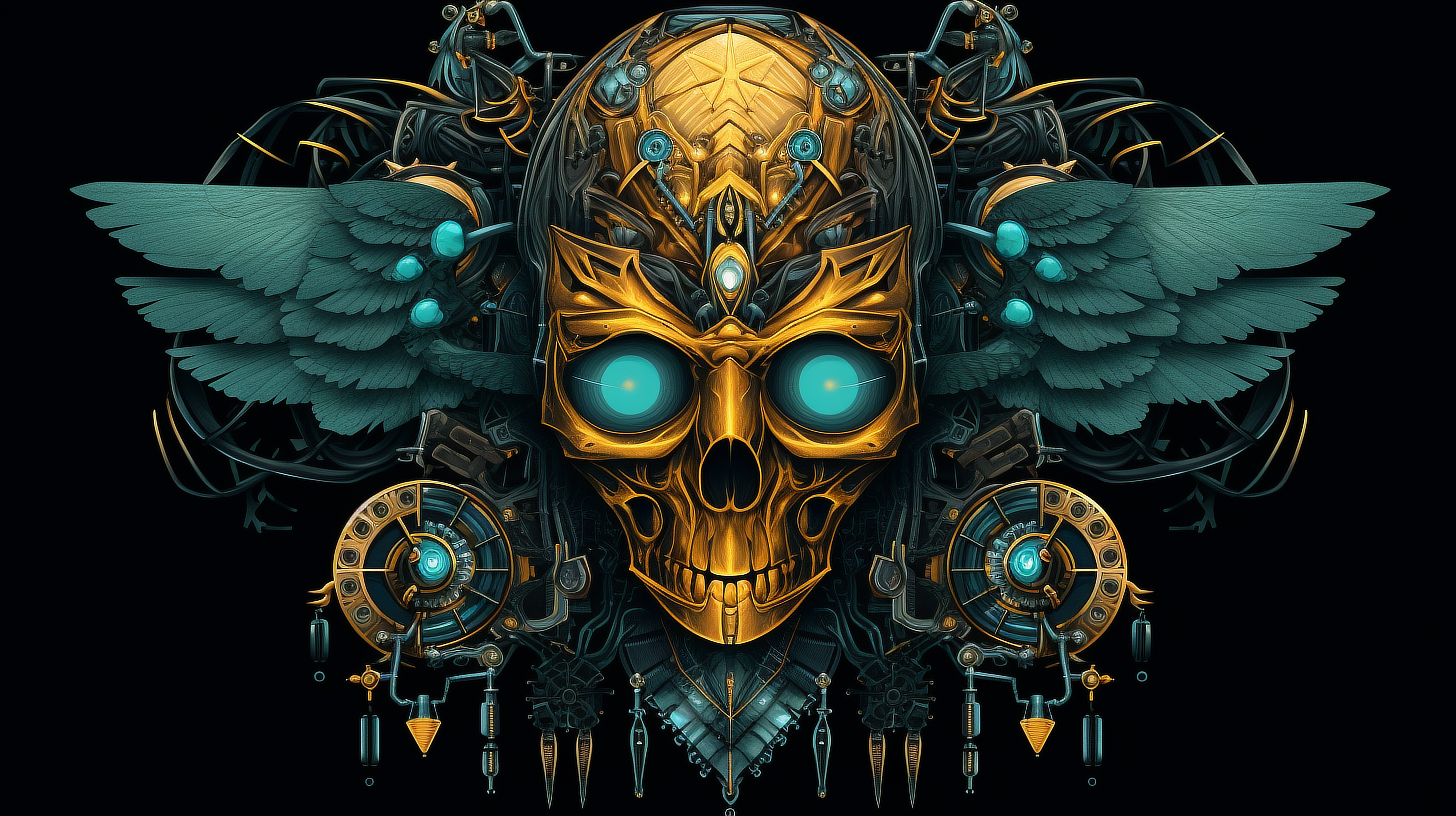 a gold skull with wings and blue eyes