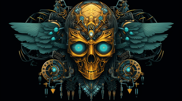 a gold skull with wings and blue eyes