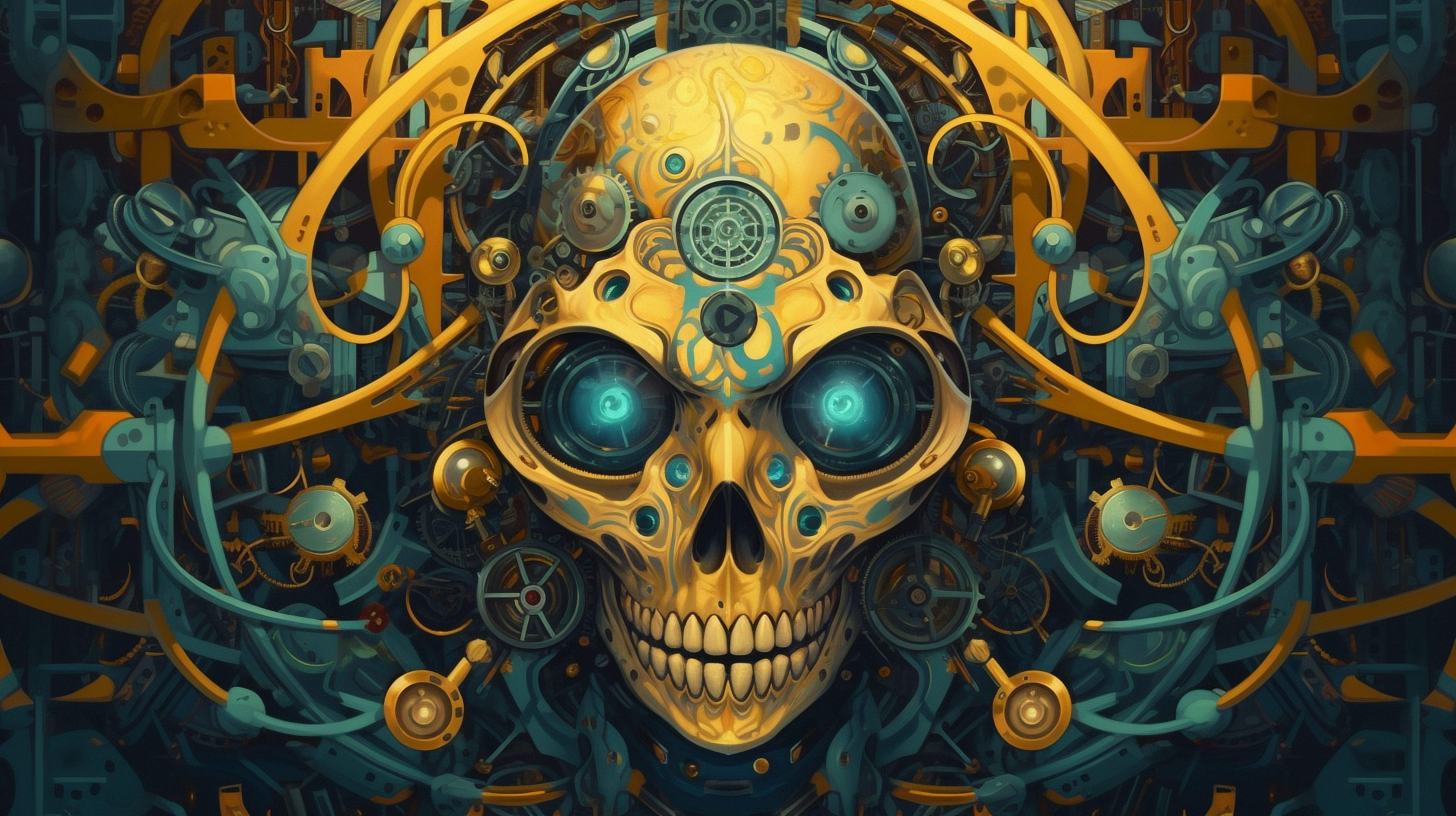 a skull with gears and blue eyes