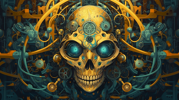 a skull with gears and blue eyes