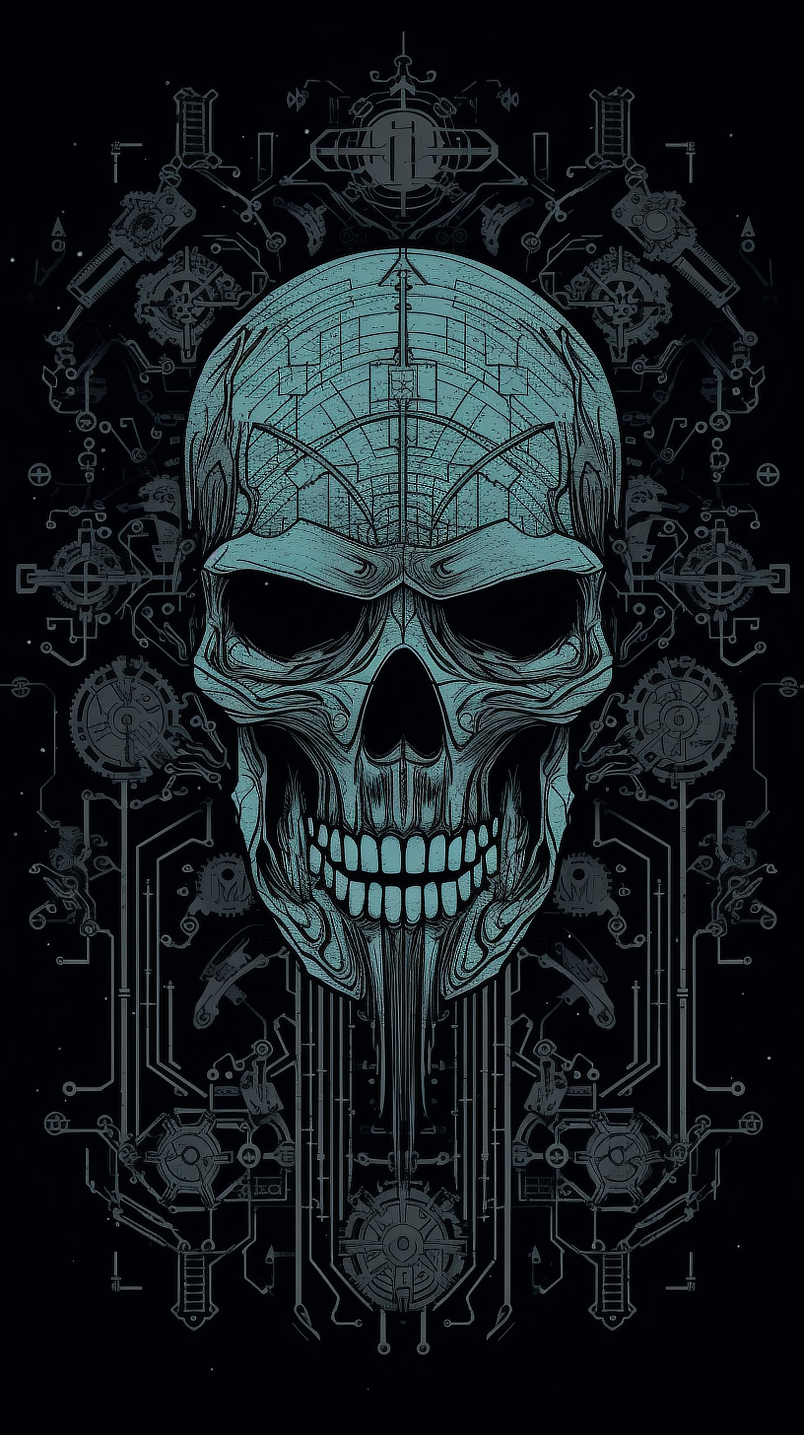 a skull with circuit board and lines