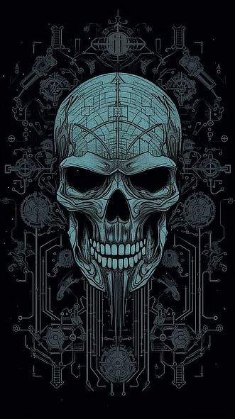a skull with circuit board and lines