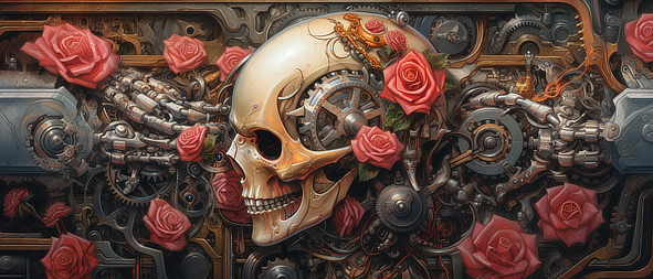 a skull with roses and gears