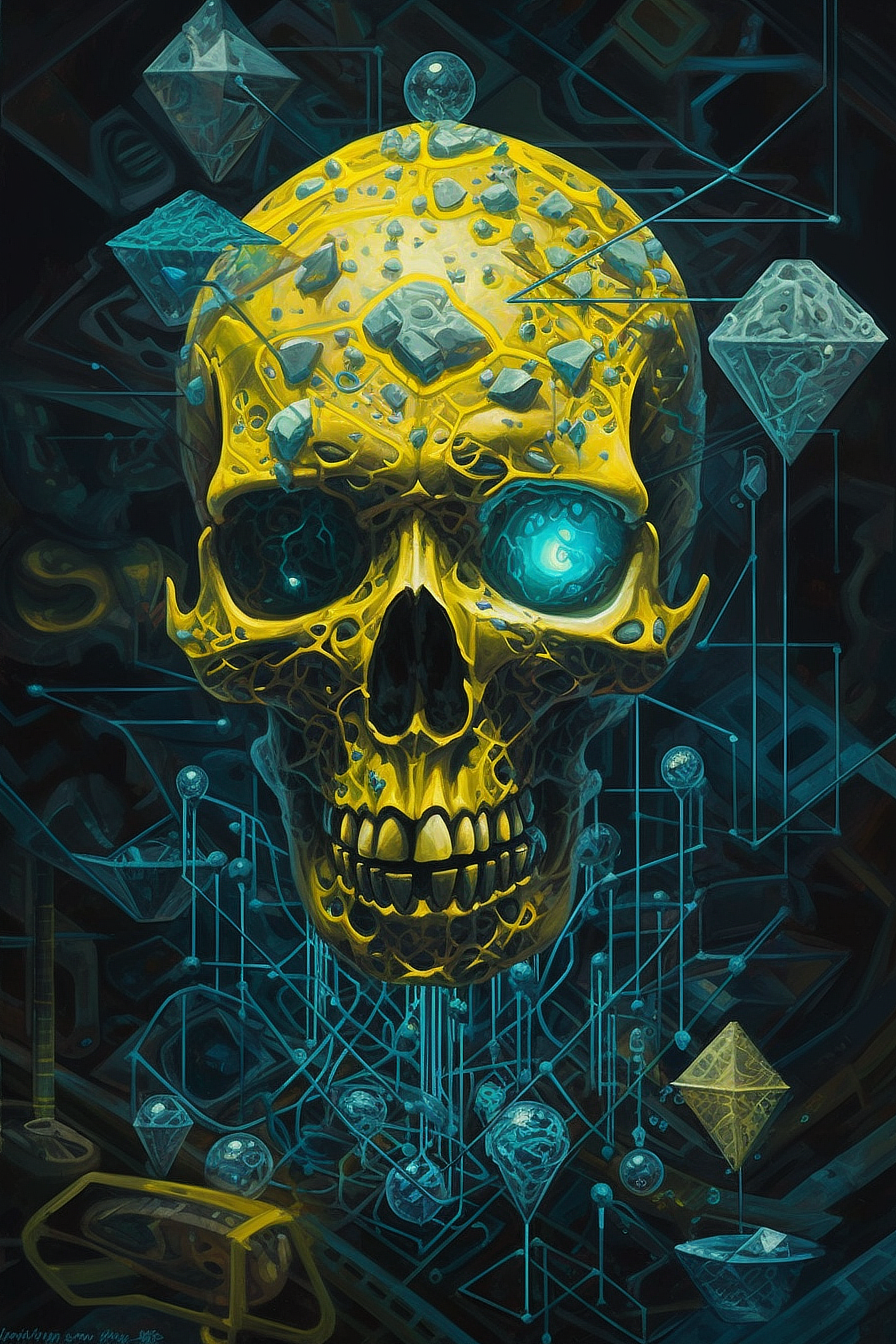 a skull with blue eyes and crystals