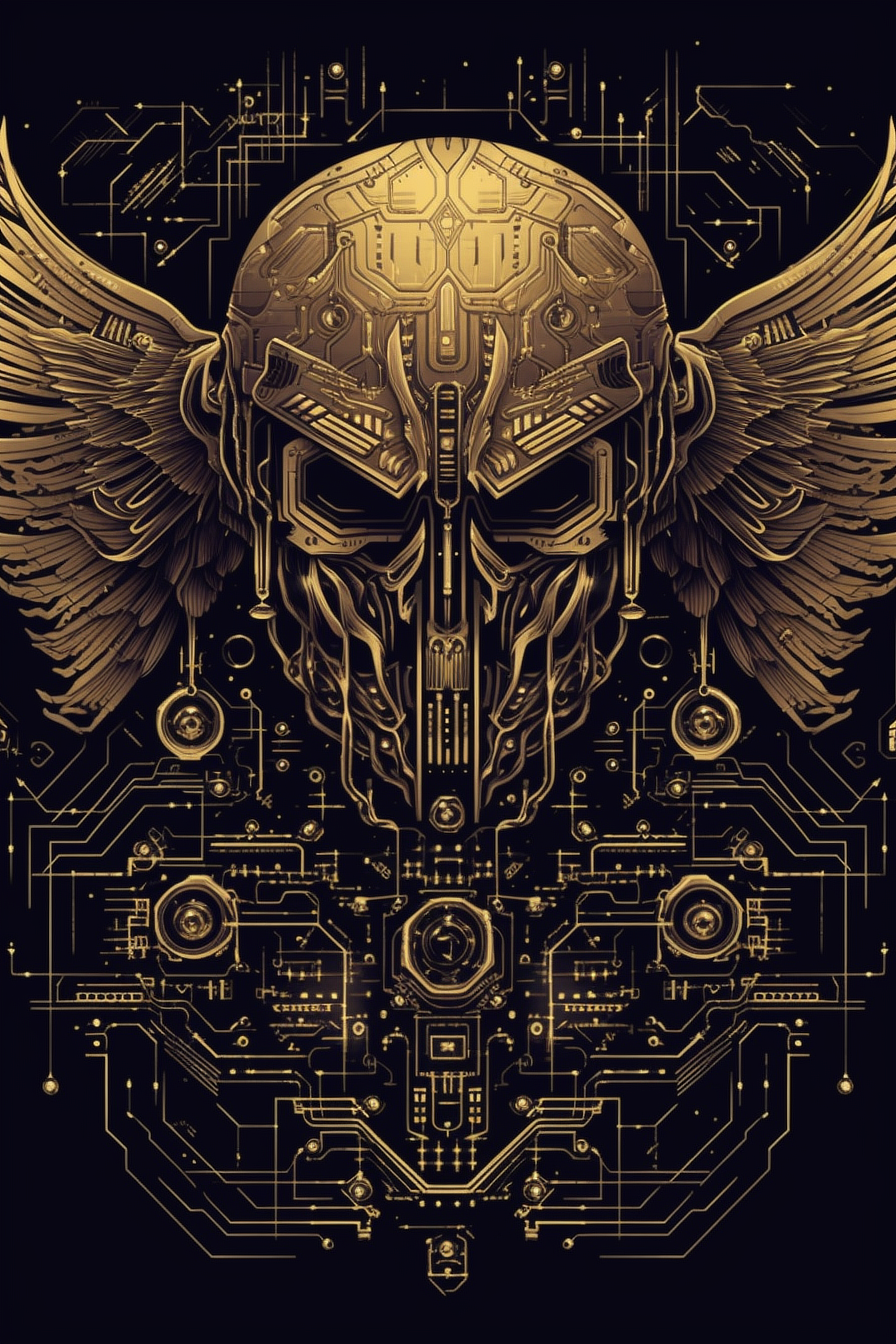 a skull with wings and circuit board