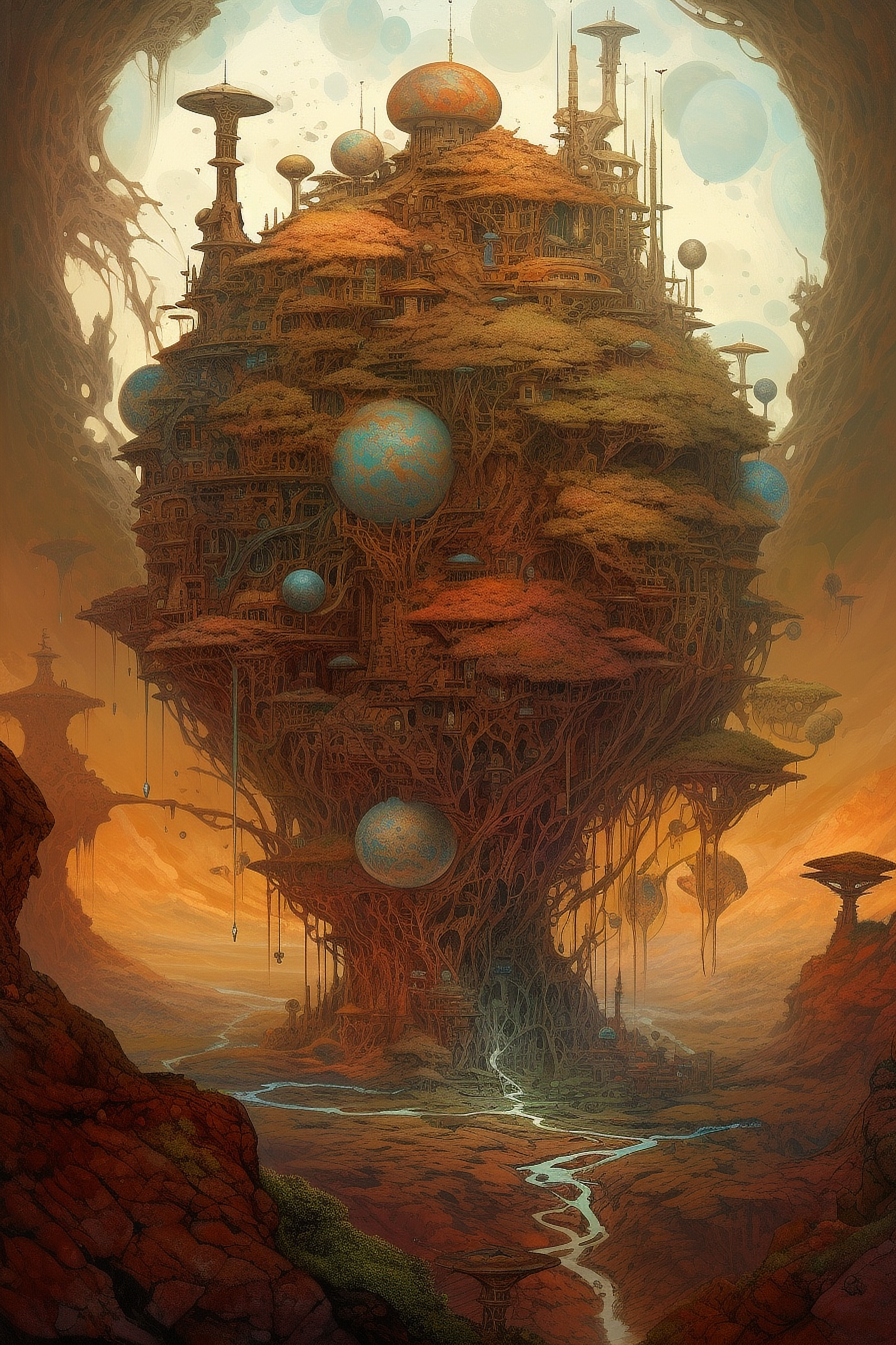 a fantasy landscape with trees and buildings