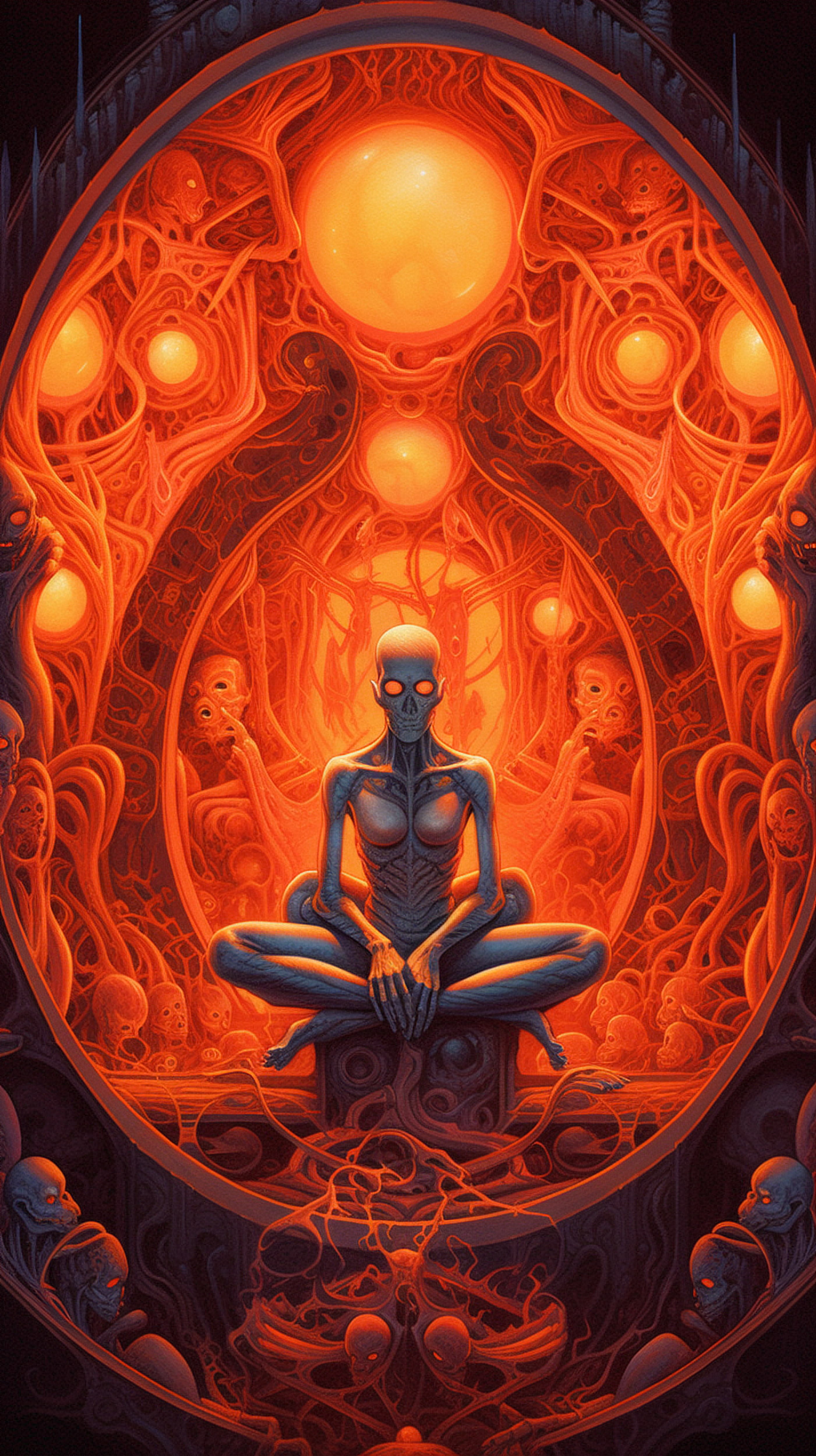 a woman sitting in a room with a skull face