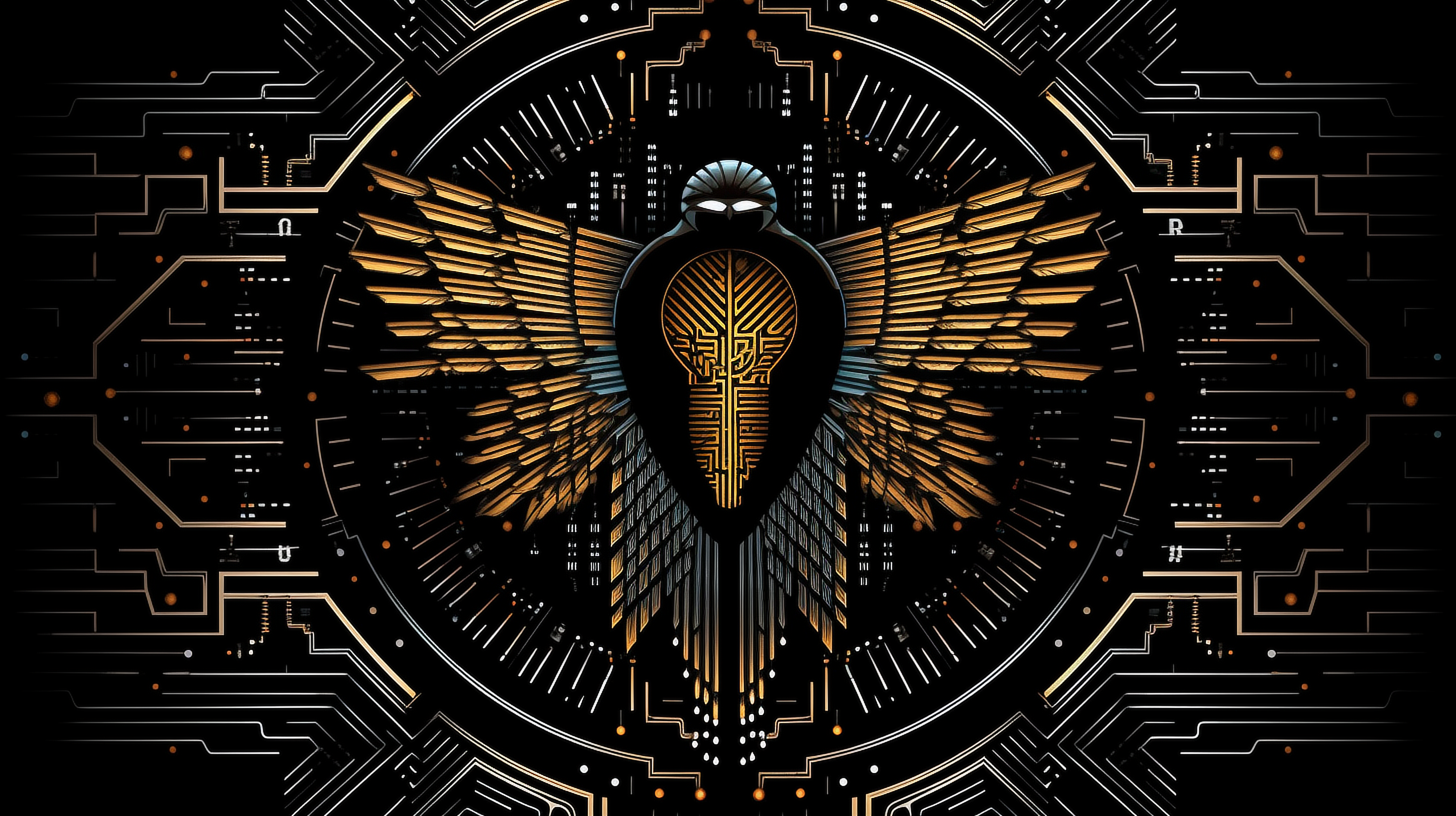 a black and gold bird with wings