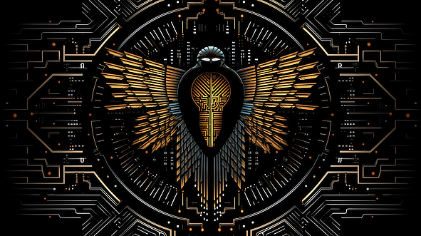 a black and gold bird with wings