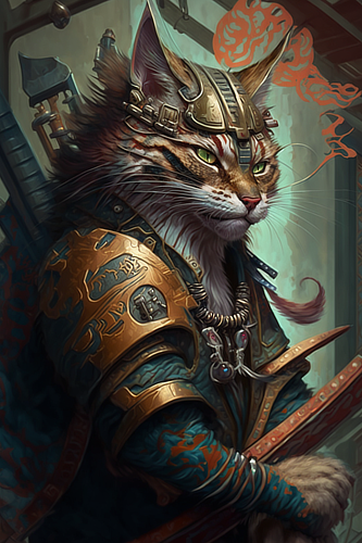 a cat in armor with a sword