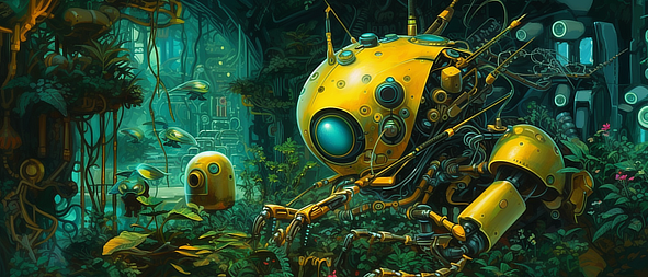 a yellow robot in a forest