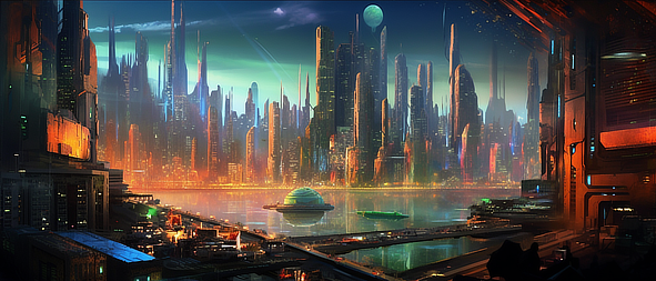 a city with a floating ship in the water