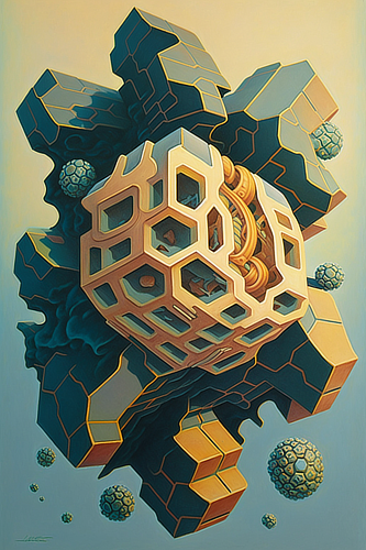 a painting of a structure with many holes