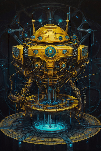a yellow robot with blue eyes and wires