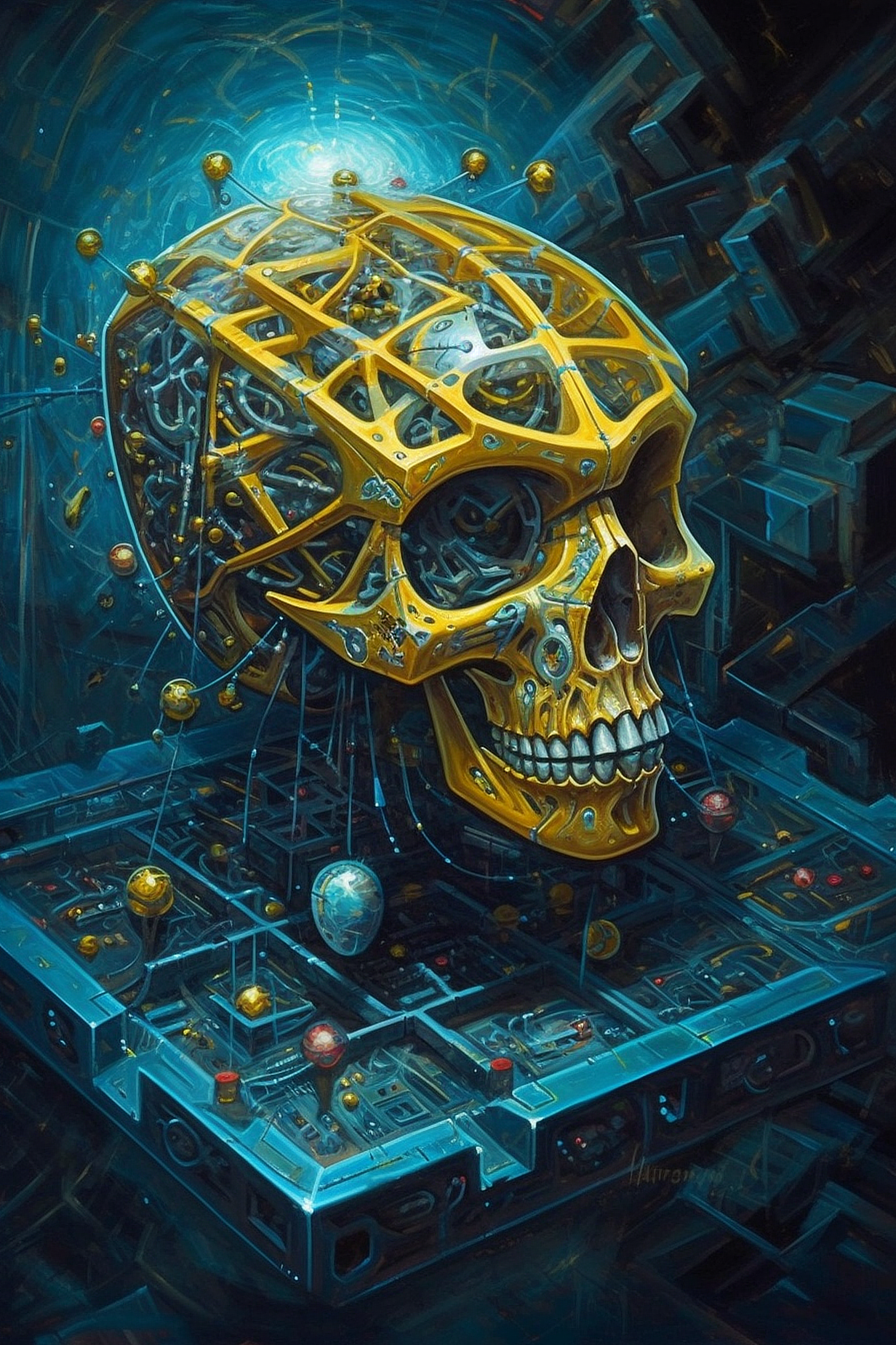 a skull with a yellow skull and blue metal objects